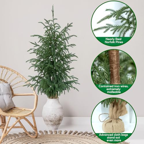 Artificial Norfolk Pine Trees 2 Pack, 3FT Fake Potted Tree with Decorative Burlap Base & Real Touch Leaves, UV Protected Indoor Outdoor Plant for Home Office Garden Decor - size: 3FT