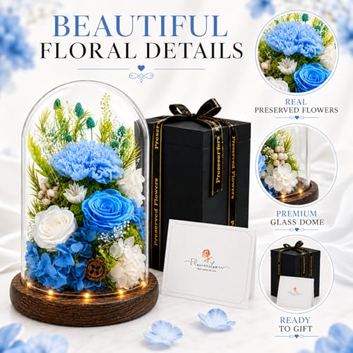 Preserved Flowers in Glass, Preserved Rose with 1 Carnation & 2 Roses, Eternal Real Flowers for Women Mom Grandma, Forever Rose Bouquet for Anniversary Birthday Mother's Day Lasts 3-5 Years - color: Blue