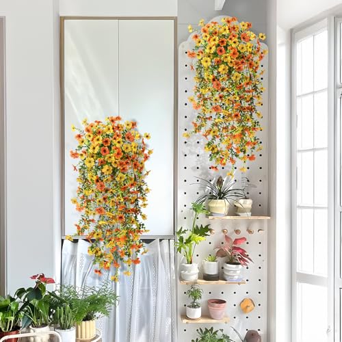 ZFProcess Artificial Hanging Flowers Plants for Outdoor Spring Summer Decoration,2PCS Faux Silk Daisy UV Resistant Look Real for Outside Home Indoor Planter Porch Garden Yard Decor(Yellow Orange) - color: Z Yellow Orange