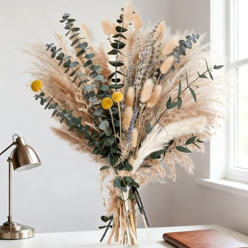 Boho Spring Dried Floral Bouquet for Home, Wedding Tables and Special Events – Pampas and Bunny Tail 17 Inch (Natural Mix) - color: Natural Mix