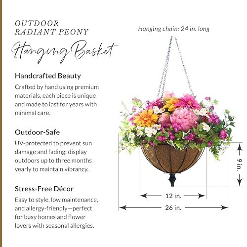 Balsam Hill Outdoor Radiant Peony Spring & Summer Hanging Basket - 26" Premium UV-Protected Artificial Outdoor Flowers for Porch, Patio, & Garden - color: Radiant Peony