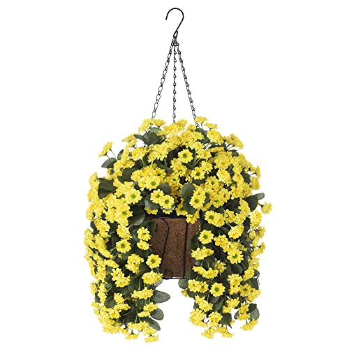 NXUGAO Artificial Flowers with Hanging Basket for Outdoors Indoors Decor, Faux Silk Chrysanthemum Plants in Baskets for Home Decoration Garden Yard Patio, 4 Bundles with 1 Basket - color: Yellow