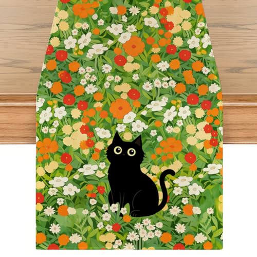 Black Cat Spring Table Runners Floral Spring Table Runner for Home Green Cat Decorations for Home Office Kitchen Farmhouse Apartment Living Room 13 x 72 Inch - color: Black Cat 03
