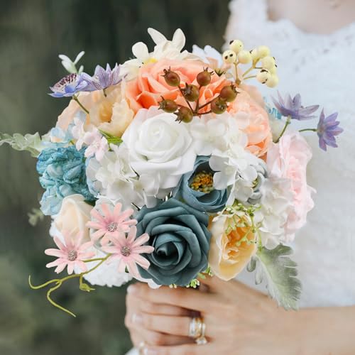 Garisey Artificial Flowers Combo for DIY Wedding Bouquets Combo Centerpieces Arrangements Party Bridal Baby Shower Home Decorations-Blue&White - color: Blue&white