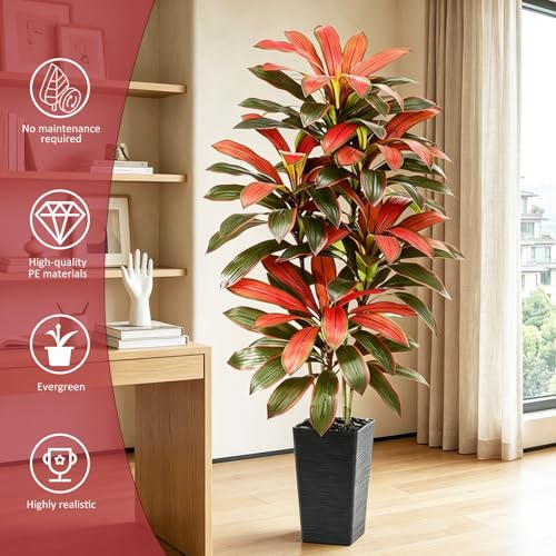 Artificial Red Dracaena Tree - 6FT Tall Fake Plants with Black Square Planter - Artificial Plants Indoor Floor Plant in Pot - Large Tropical Fake Yucca Potted Tree for Home Office Living Room Decor - color: Black-red Leaf, size: 6 FT