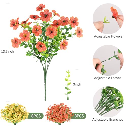 AmyHomie 16 Bundles Artificial Flowers for Outdoor Outside Summer Fall Decoration UV Resistant Faux Flowers No Fade Fake Plastic Plants Garden Porch Window Box Decorating - color: Yellow Orange, size: 16