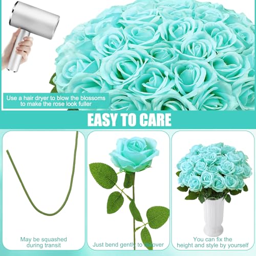 72 Pcs Artificial Roses Turquoise Fake Silk Roses Realistic Roses Faux Flower Indoor Wedding Home Decor, Birthday Decorations - color: Turquoise