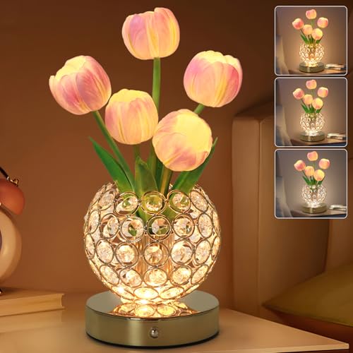 Tulip Flower Lamps, 3 Colors Touch Stepless Dimming Crystal Night Light, Rechargeable Artificial Flower Light, LED Flower with Vase Lamp Romantic Decor for Date Party Home (Tulip1 - Pink) - color: Tulip1 - Pink