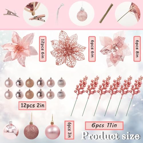 48PCS Christmas Tree Decorations Set, Rose Gold Christmas Ornaments Set Includes Ball, Artificial Poinsettia Flowers and Berries, for Xmas Tree Decor (Rose Gold)
