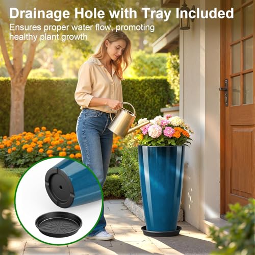 QCQHDU 21 inch Tall Planters for Outdoor & Indoor Plants, Set of 2 Large Outdoor Planters with Drainage Hole for Front Porch, Patio, Garden, Home Decor, Blue - color: Blue, size: 21 inch