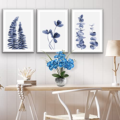 Briful Orchids Artificial Flowers, 20'' Blue Faux Orchid Flowers with Silver Vase Fake Phalaenopsis Silk Flowers for Home Coffee Table Bathroom Office Kitchen Decor - color: Blue #004