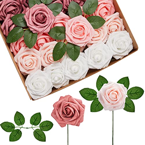 InnoGear Artificial Flowers, 50 Pcs Shades of Dusty Foam Fake Roses Bulk with Stems for Decoration DIY Wedding Bouquets Centerpieces Bridal Shower Party Christmas Tree - color: Shades of Dusty