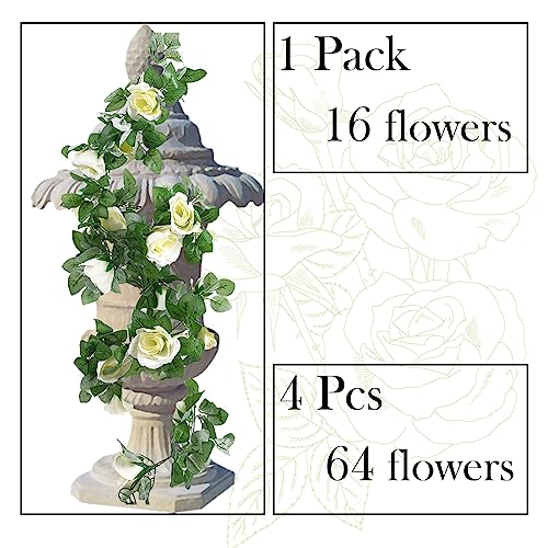 4 Pack Artificial Rose Vine Garland Fake Roses Flowers Plants Vines Hanging Floral Leaves Decoration for Wedding Party Table Garden Arch Wall Home Room Decor(White) - color: White, size: 【4 Pcs】