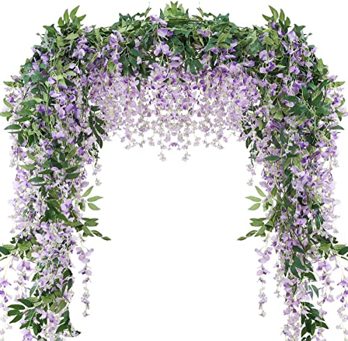 3Pcs 7.2Ft/Piece Artificial Flowers Wisteria Garland Artificial Wisteria Vine Hanging Flower Greenery Garland for Home Garden Outdoor Wedding Arch Floral Decor (Purple) - color: Purple