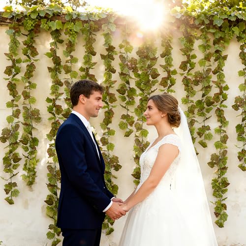 6.56ft 5pcs Artificial Grape Leaf Garland, Autumn Artificial Fake Grapes Vines, Hanging Plant Grape Vines Decor for Home Wedding Party, Garland Decoration, Photo Wall Display - color: Green and Yellow-5pcs (No Grapes)