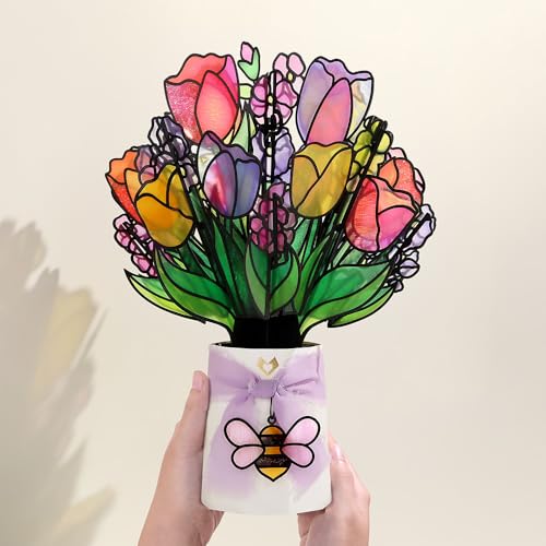 Lovepop Vibrant Tulip Suncatcher Bouquet - 3D Pop Up Paper Flower Bouquet for Mom, Her, Him, Women (Mother's Day, Birthday, Thank You, Get Well) 12 Inch - color: Vibrant Tulip Suncatcher Bouquet