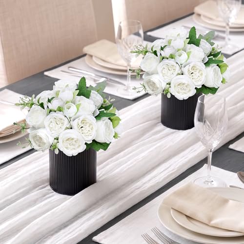 Pre-Made Flower Table Centerpieces, Set of 6 Artificial Silk Peonies with Black Vase for Wedding Reception, Modern Floral Decor for Birthday Party, Anniversary Ceremony - White - color: White