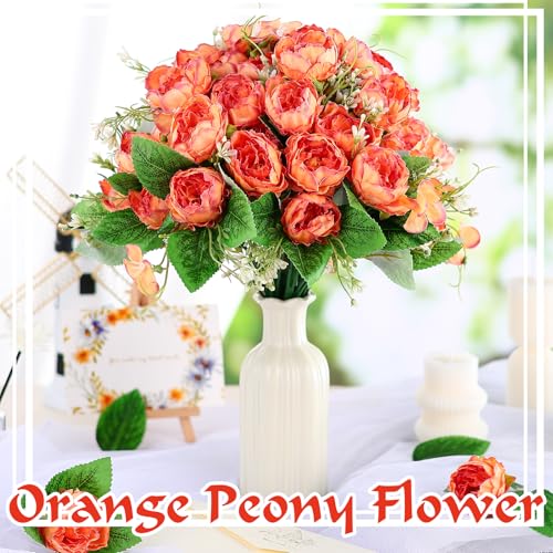 12 Bundles Peonies Artificial Flowers Fake Peony Bouquet Faux Peonies Flowers Bulk with Stems Flower Balls for Centerpiece Table Decorations Wedding Bridal Floral Arrangement (Orange) - color: Orange