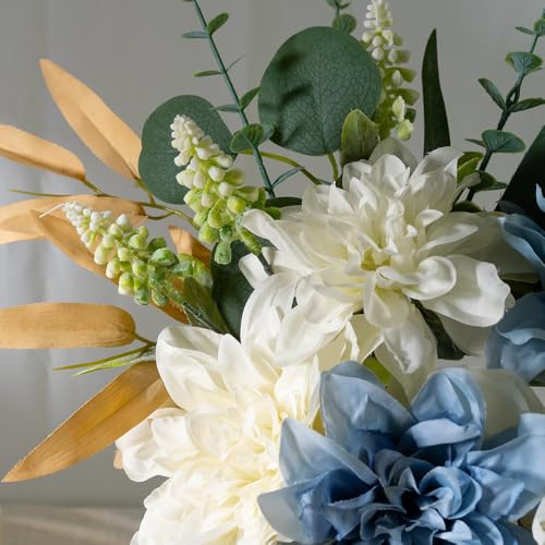 Fake Flowers with Vase Silk Flowers in Vase Dahlia Flowers Arrangement Suitable for Home Office Decoration, Dining Table Centerpiece (Dahlia-White Blue) - color: Dahlia-white Blue