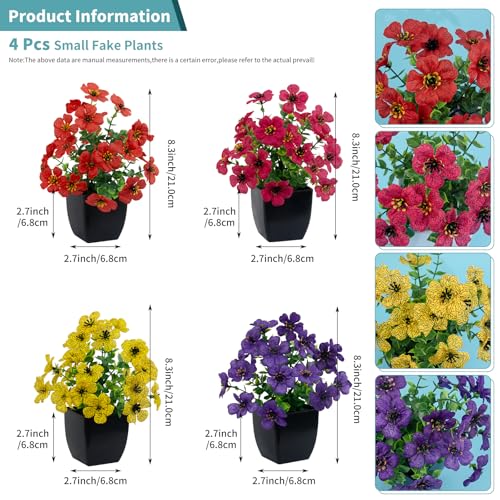 LOYWREE 4 Pack Small Faux Plants Spring Artificial Silk Flowers Fake Plants Indoor Bathroom Accessories for Home Room Office Desk Decor(Black Square Pot) - color: Daisy-black Pot, size: Black Pot