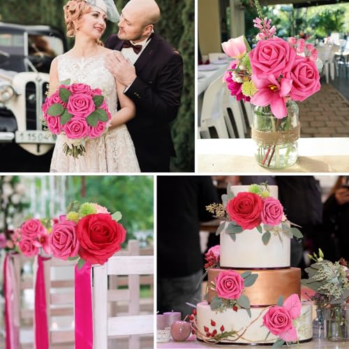 AmyHomie 25pcs Real Looking Artificial Hot Pink Roses w/Stem for DIY Wedding Bouquets Centerpieces Arrangements Party Baby Shower Valentines Day Christmas Tree Decorations - color: Hot Pink
