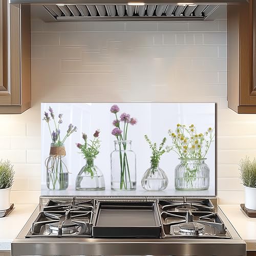DAIFURONGE Tempered Glass Backsplash for Kitchen,Flowers and Vase, 30"x16" | Behind Stove Back Splash Panel Protector, Easy to Clean, Kitchen Wall Decor,One Piece Oven and Range Backsplash - size: 30"L x 16"W