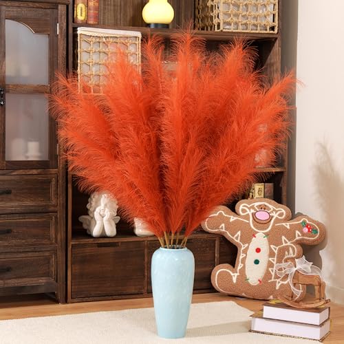 Premium Faux Orange Pampas Grass – 8pcs 43.3" Tall Fluffy Pampas for Floor Vase Decor, 18-Branch One-Piece Stems No Assembly, Luxury Silk-Feel Feather Flowers for Boho Wedding Home Decor 110cm - color: Faux Orange, size: 8pcs 43.3"(110cm)