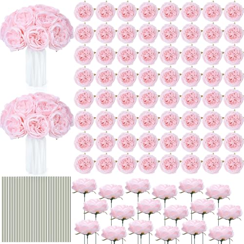 Suncalla 80 Pack Austin Rose Peonies, 3.94 Inch Artificial Flowers Heads Bulk with Stems Leaves for Arrangement Wedding Centerpiece Banquets Party Home Kitchen Decor DIY(Pink) - color: Pink