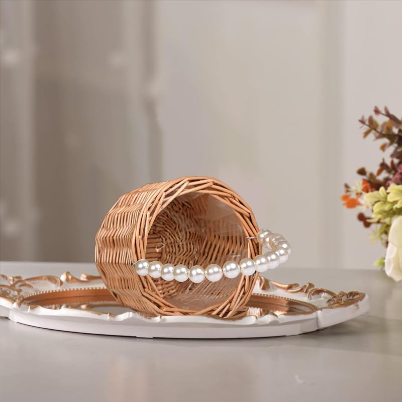 Wicker Rattan Flower Girl Basket,Pearl Handle Flower Basket,Flower Girl Basket for Wedding and Home Decorations.