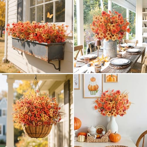 20 Bundles Artificial Fall Flowers for Outdoors Decoration, Fake Mums Silk Daisy Faux Plastic Plants Boston Fern UV Resistant for Autumn Thanksgiving Garden Planters Home Decor, Mixed Orange - color: Yellow Orange