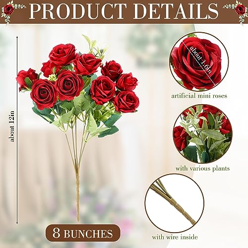 Zeyune 8 Pack Artificial Mini Red Roses, 12 Inch Fake Flowers with Stems, 80 Small 1.6 Inch Flower Heads, Silk Mini Rose Bouquets for Wedding Centerpieces, Bridal Bouquets, Home Party Decor - color: Red