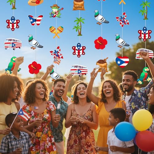 Spakon 8 Pcs Puerto Rico Garlands Puerto Rican Party Hanging Decorations Hibiscus Garlands Banners Frog Paper Cutouts for Birthday Festivals Party Ceiling Wall Decor - color: Puerto Rico