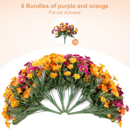 Fake Mums Spring Artificial Flowers for Outdoor Decoration, 6 Bundles Faux Silk Daisy Flowers Realistic UV Resistant No Fade Fake Plants for Home Patio Porch Garden Window Box Decor(Purple Orange) - color: Purple Orange