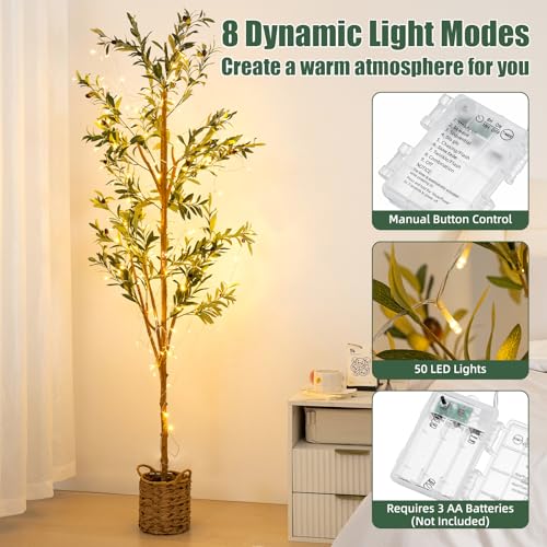 6ft Artificial Olive Tree with LED Fairy Lights, Tall Faux Potted Plant with Woven Basket - Natural Wooden Trunk & Lifelike Leaves & Fruits for Indoor Home Office Foyer Decor Housewarming Gift - size: 5ft 11in