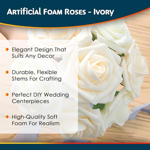 Artificial Ivory Foam Roses with Stems & Leaves - Pack of 50, Perfect for Wedding Centerpieces, Event Decor, DIY Bouquets, and More - color: Ivory