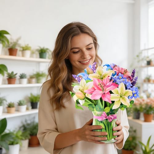 Airpark Pop Up Flower Cards, 3D Paper Flowers Bouquet Birthday Card 12’‘ with Blank Note and Envelope, Mother's Day, Get Well Greeting, Anniversary, Thank You, Easter Gifts Cards for Women Mom, Lillie - style: Lillies & Lupines