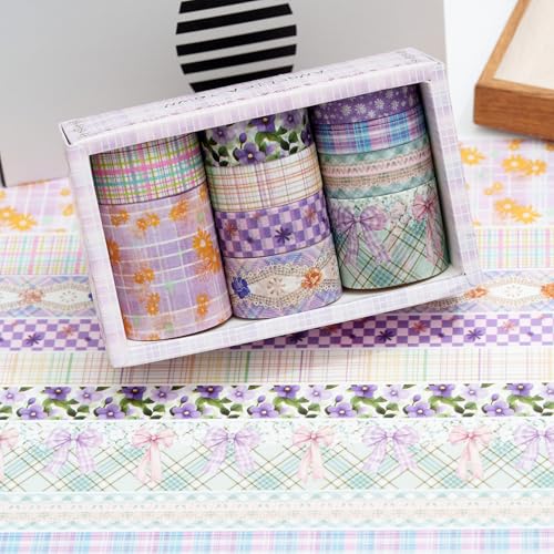 10 Rolls Vintage Floral Washi Tape Set Pastel Plaid Arts Adhesive Tapes Soft Colors Decorative Masking Tape Sets for Craft, Kids, Scrapbook, DIY, Gift Wrapping (Lavender Lace) - color: Lavender Lace