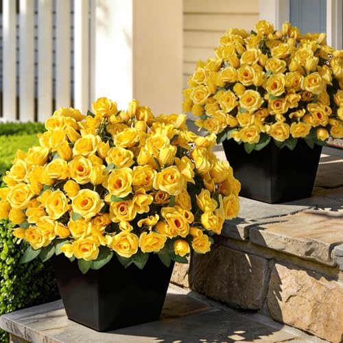 Juxdp 8 Bundles Artificial Roses, Realistic Silk Bouquet Flower(Yellow) | Fluffy and Vivid, Fade-resistant, Faux Rose Plants, for Front Door/Garden/Farmhouse/Home/Outdoor/Spring/Summer Decor - color: Yellow