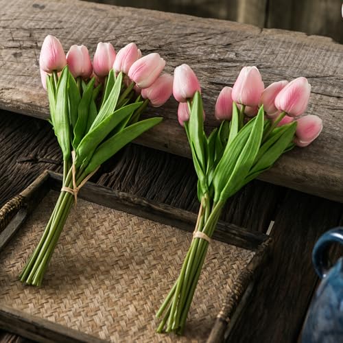 Tanvecle 20pcs Pink and White Artificial Tulip Flowers, Silk Fake Flowers 13" for Mother's Day, Easter, Valentine’s Day Gifts in Bulk, Home, Kitchen, Wedding Decorations - color: Pink-white