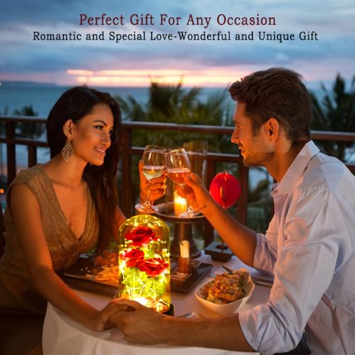 Women Gift Idea Birthday,Unique Gifts for Mom,Beauty and The Beast Rose in Glass Dome With 2 Lights Mode, Birthday Gifts for girlfriend,Wife，Anniversary Red Silk Rose Flower Gifts for Women - color: Classic Rose Red