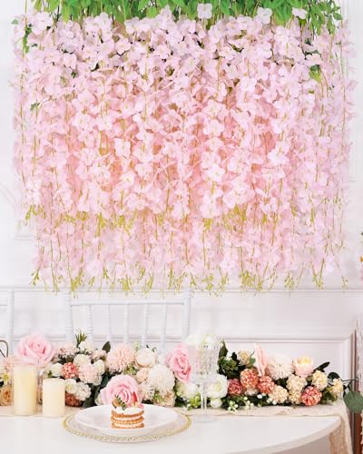 60 Pack Light Pink Wisteria Hanging Flowers, Fake Flowers for Decoration, Artificial Hanging Flowers,Vines for Bedroom,Flower Garland for Home,Party,Garden, Wall,Wedding Decoration(3.6 Ft/Pcs) - color: Light Pink, size: 60 Pcs