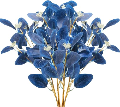 GTIDEA 6pcs Faux Eucalyptus Stems Blue Artificial Eucalyptus Leaves Spray Greenery Stems Branches with Seeds Silver Dollar Eucalyptus Plant for Home Kitchen Indoor Vase Flower Arrangement Decor - color: 6pcs-blue
