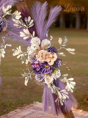 Lisuun Wedding Arch Flowers, Artificial Flowers for Decoration, Large Flower Swag for Boho Styles Wedding Ceremony Floral Decor - Pack of 2 - color: Purple Champagne Pampas