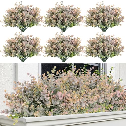 RECUTMS 20Pcs Artificial Boxwood Stems 13Inch Fake Eucalyptus Leaves Plant Faux Bushes Shrubs Greenery for Outdoor Planters Window Box Vase Graduation Wedding Party Home Summer Decor(Dusty Pink) - color: Dusty Pink, size: 20 Pcs