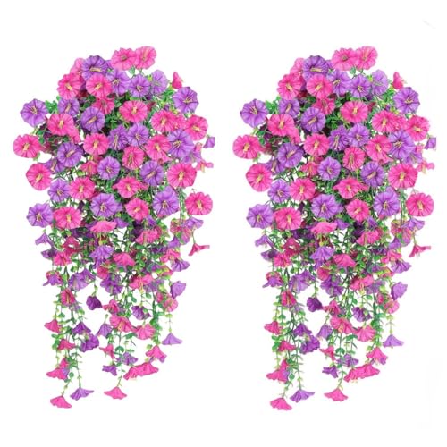 2 Sets of Hanging Flowers, Mixed Textile Morning Glory and Eucalyptus Leaves, UV-Resistant, Real Artificial Plants - color: Violet