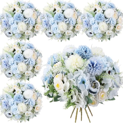 Tigeen 6 Bundles Artificial Bouquet Flowers Artificial Peonies Faux Roses Hydrangea Flowers Bouquet for Wedding Table Centerpiece Floral Vase Decor (White,Blue) - color: White,blue