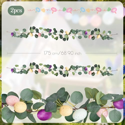 MAKHOT 2PCS 6.6Ft Easter Garland for Mantle Fireplace, Green Vines and Artificial Colored Eggs Garland Easter Decor for Home Indoor - color: Champagne-a