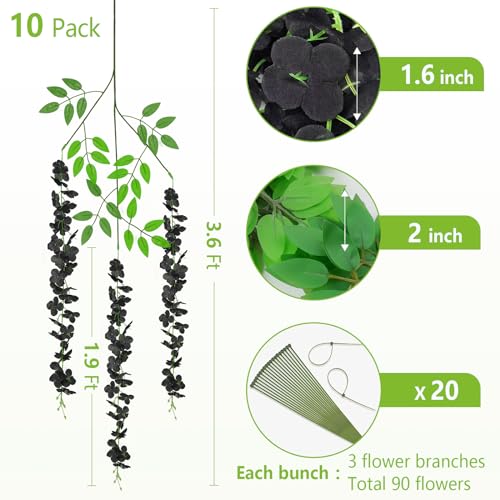 BLEUM CADE 10Pcs Black Fake Wisteria Hanging Flowers, 3.6Ft/Pcs Artificial Wisteria Garland, Hanging Flowers for Wedding Party Home Backdrop Wall Decoration - color: Black, size: 10pcs