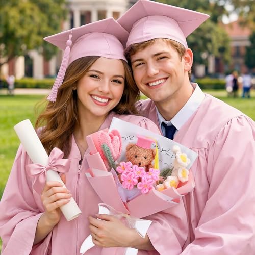 Graduation Crochet Flower Bouquet Set Includes Bear Knitted Tulips Forget-me-nots Lily of the Valley Greeting Card Gift Bag 2026 Pink Flower Bouquet Graduation Gift - color: Pink, style: Knitted Bear and Tulip