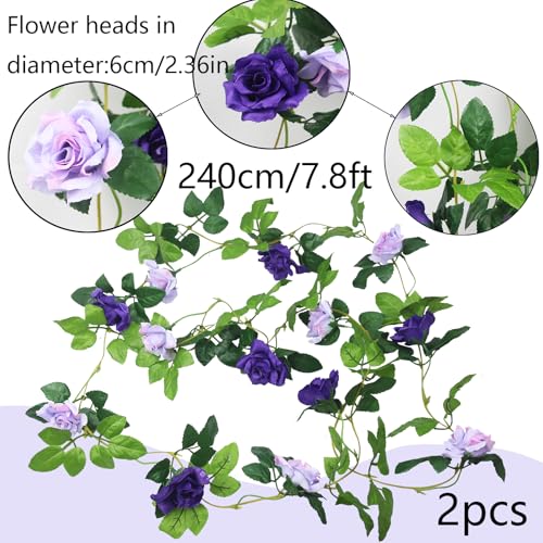 2 Pcs Artificial Rose Garland Flowers Vines Hanging Silk Rose Vine Outdoor 15.8ft Silk Flowers Rose Ivy Vines for Bedroom Wedding Arch Decor Purple Flower Garland for Backdrop Wall Home Garden - color: Purple